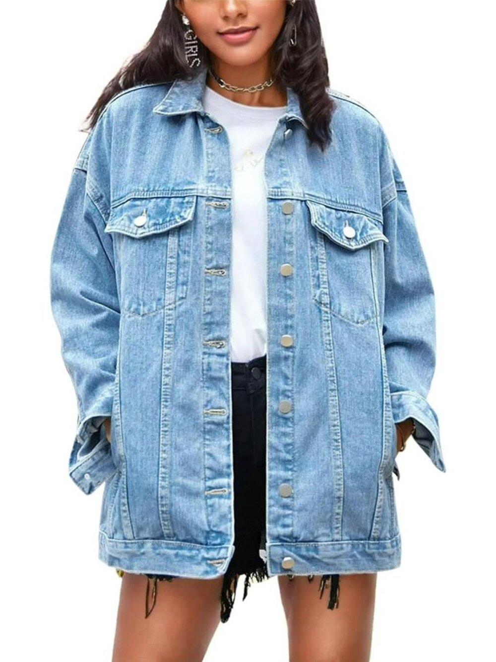 〽️ Women’s Denim Blue Button Down Oversized Long Casual Coat Denim Jeans Jacket